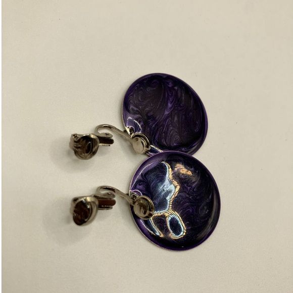 Purple Round Marble Clip-On Earrings Vintage! - Picture 5 of 11